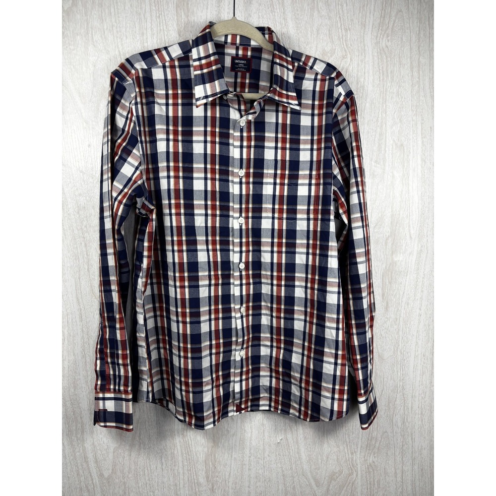UNTUCKit Plaid Shirt Mens L Red Blue Wrinkle Free Regular Fit Cotton Button Up